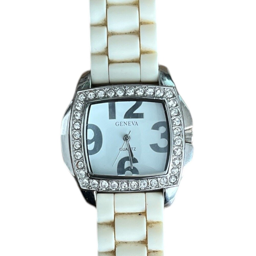 Geneva Square Big Face Watch Rhinestones White Rubber Buckle Band 8" New Battery